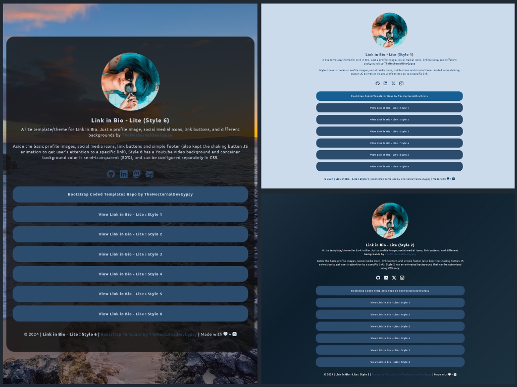 Preview of Lite link-in-bio template with clean card layout and social links.