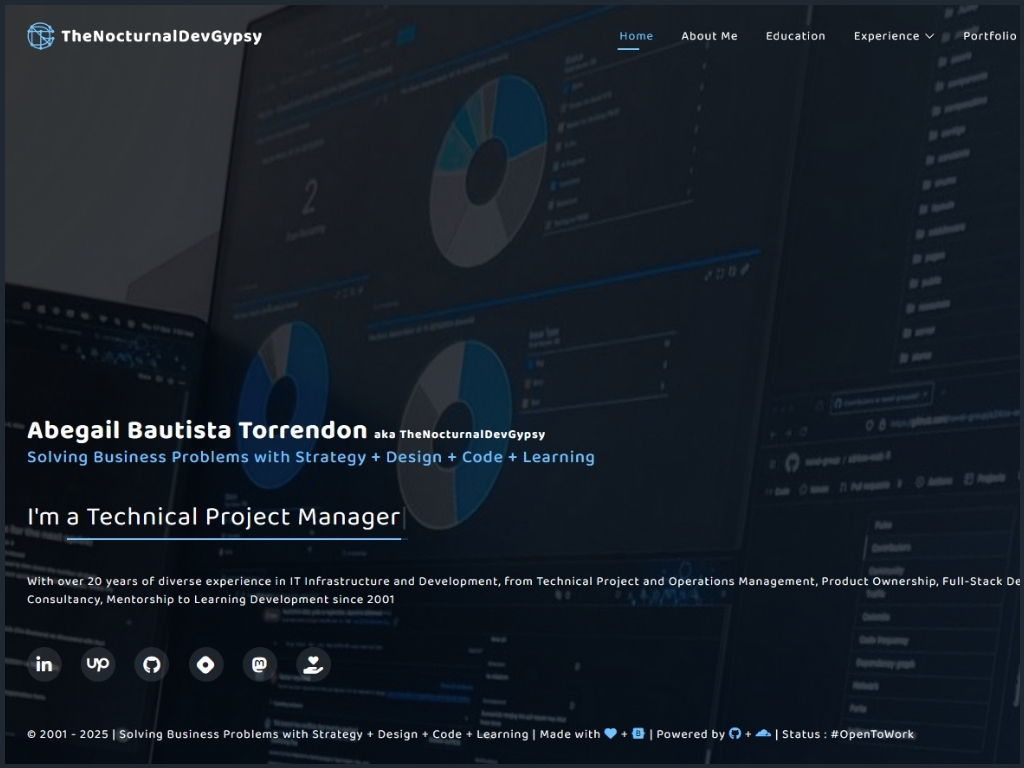 Screenshot of TheNocturnalDevGypsy portfolio main page with navigation, about section, and hero header.