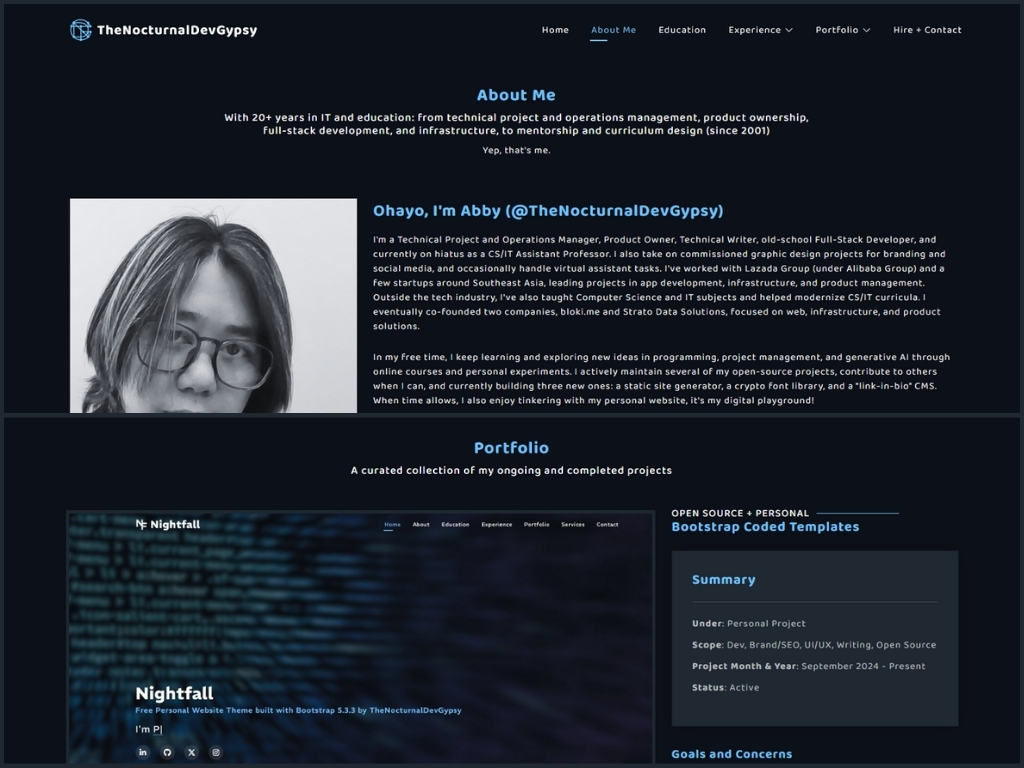 Screenshot of TheNocturnalDevGypsy webpages.
